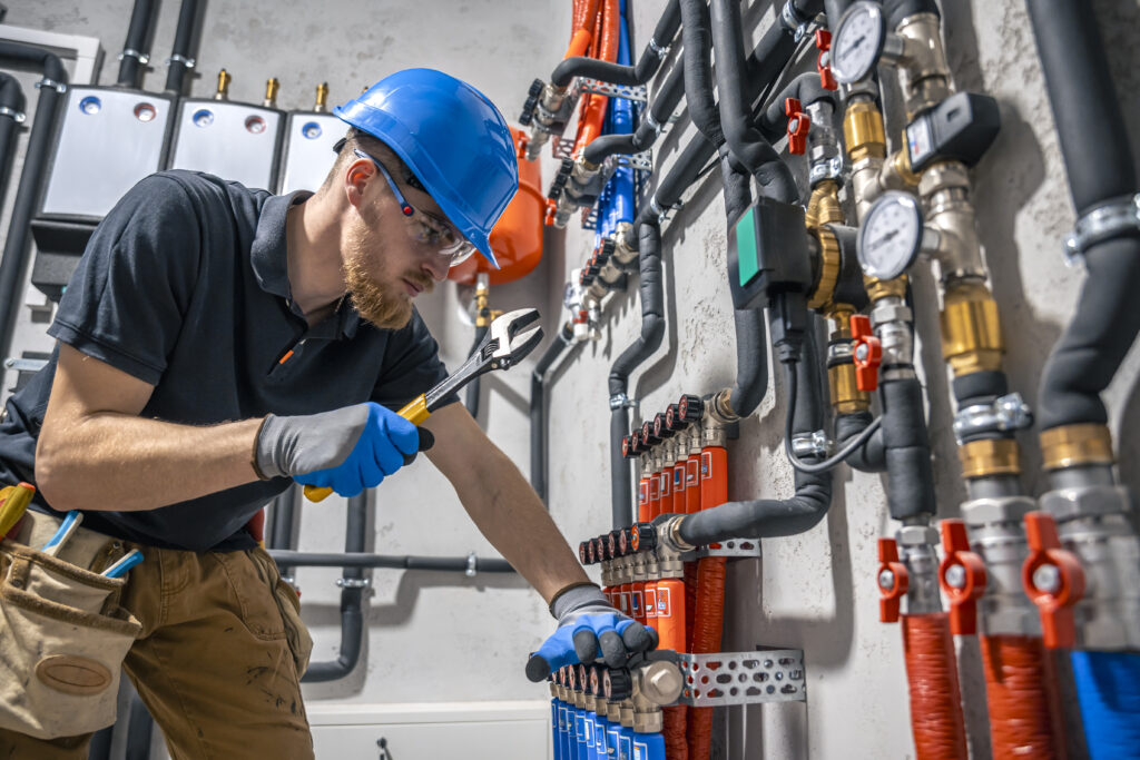 the technician checking the heating system in the boiler room.